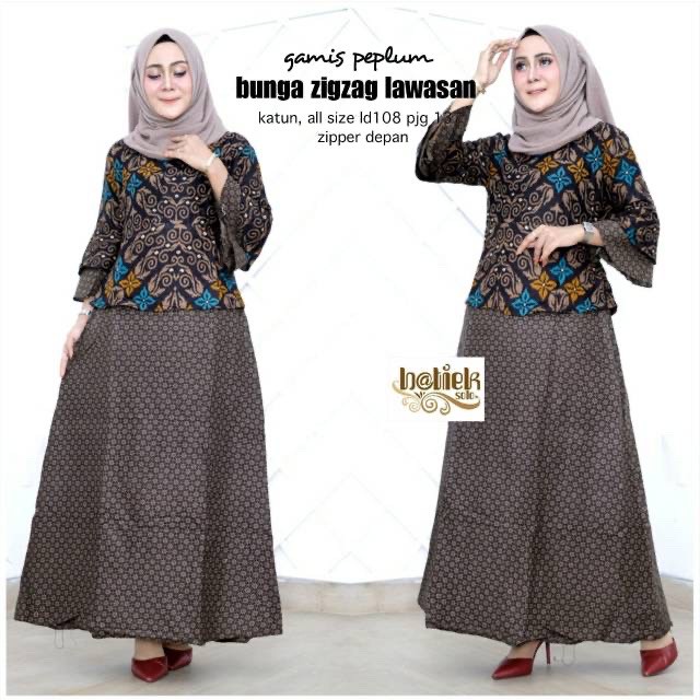 Couple Gamis Peplum Bunga Zigzag Lawasan Batik Marini Long Maxi Muslim Pesta Seragaman Sarimbit