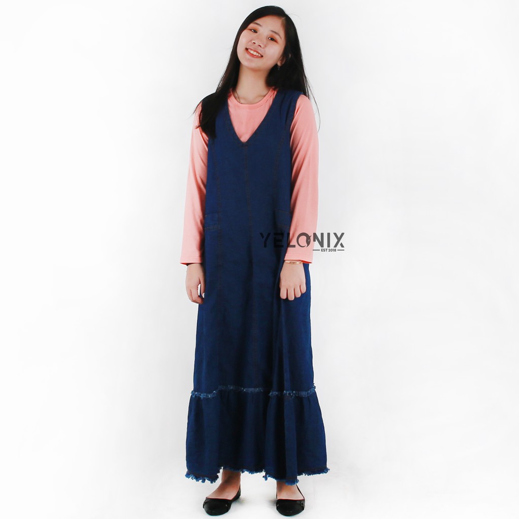 YELONIX - Jeans Gamis Singlet Wanita / Longdress Jeans Wanita / Dress Jeans Panjang