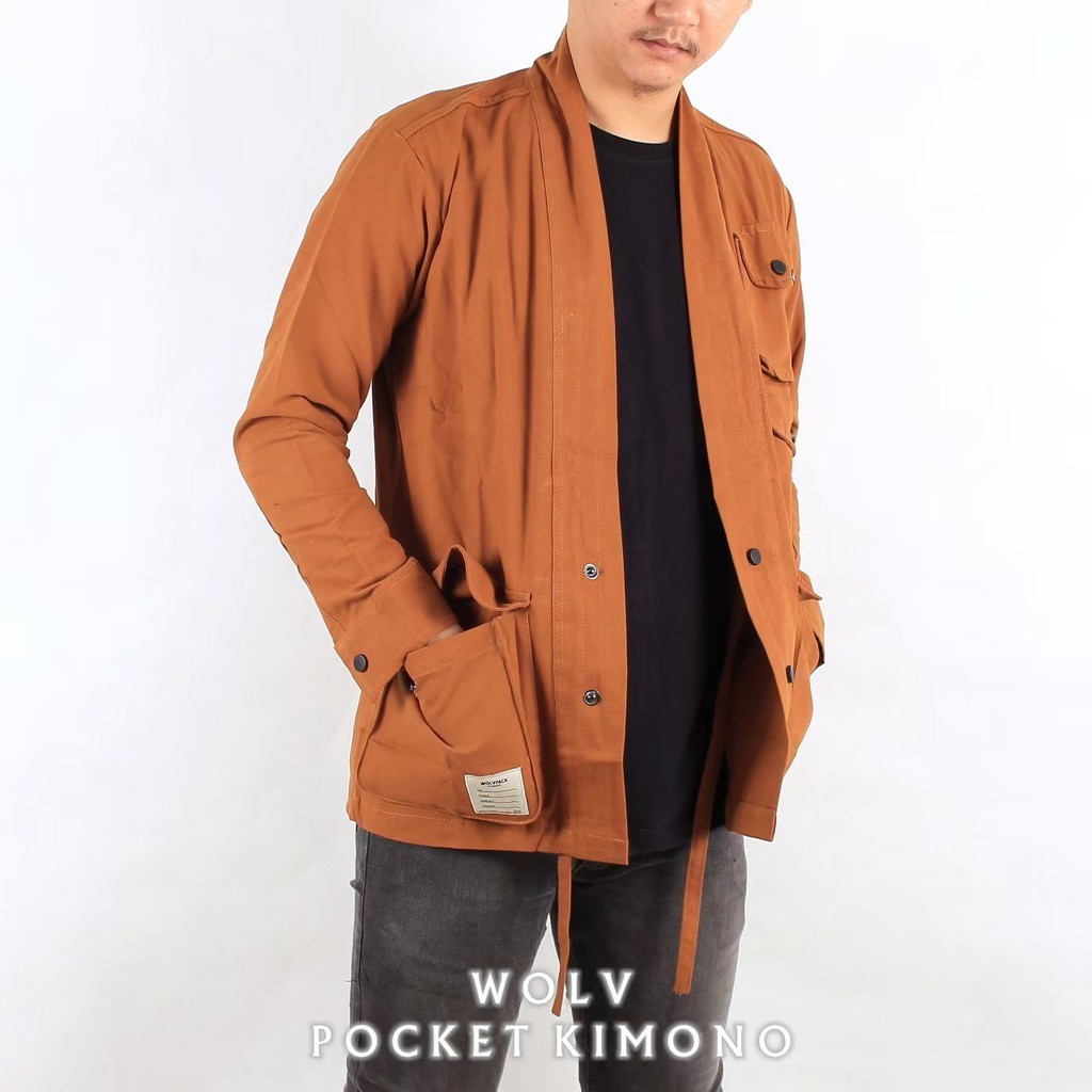 WOLV ORIGINAL KIMONO KEMEJA POCKET Pakaian pria canvas kemeja kimono warna ALMOND seri art KMS303