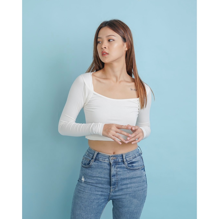 MODAVIE - LAURA Longsleeve Square Crop Top Korean Style Baju Atasan Wanita Lengan Panjang Crop Tee