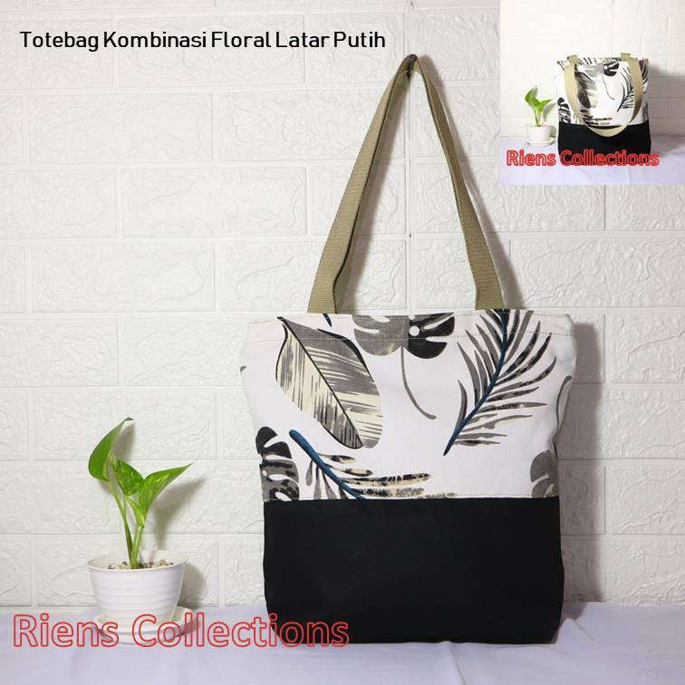 TAS KANVAS TOTEBAG KANVAS KOMBINASI MOTIF FLORAL LATAR PUTIH. Riens Collections