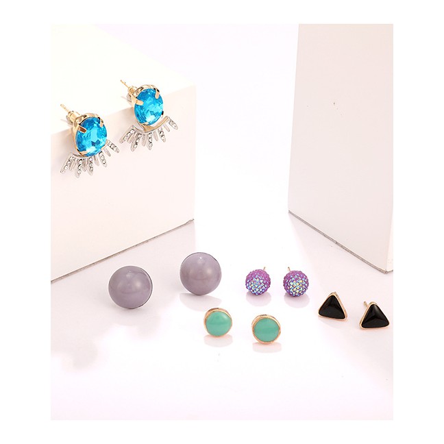 LRC Anting Set Fashion Silver Geometric Alloy Triangle Round Diamond Vertical Stud Earrings 5pair