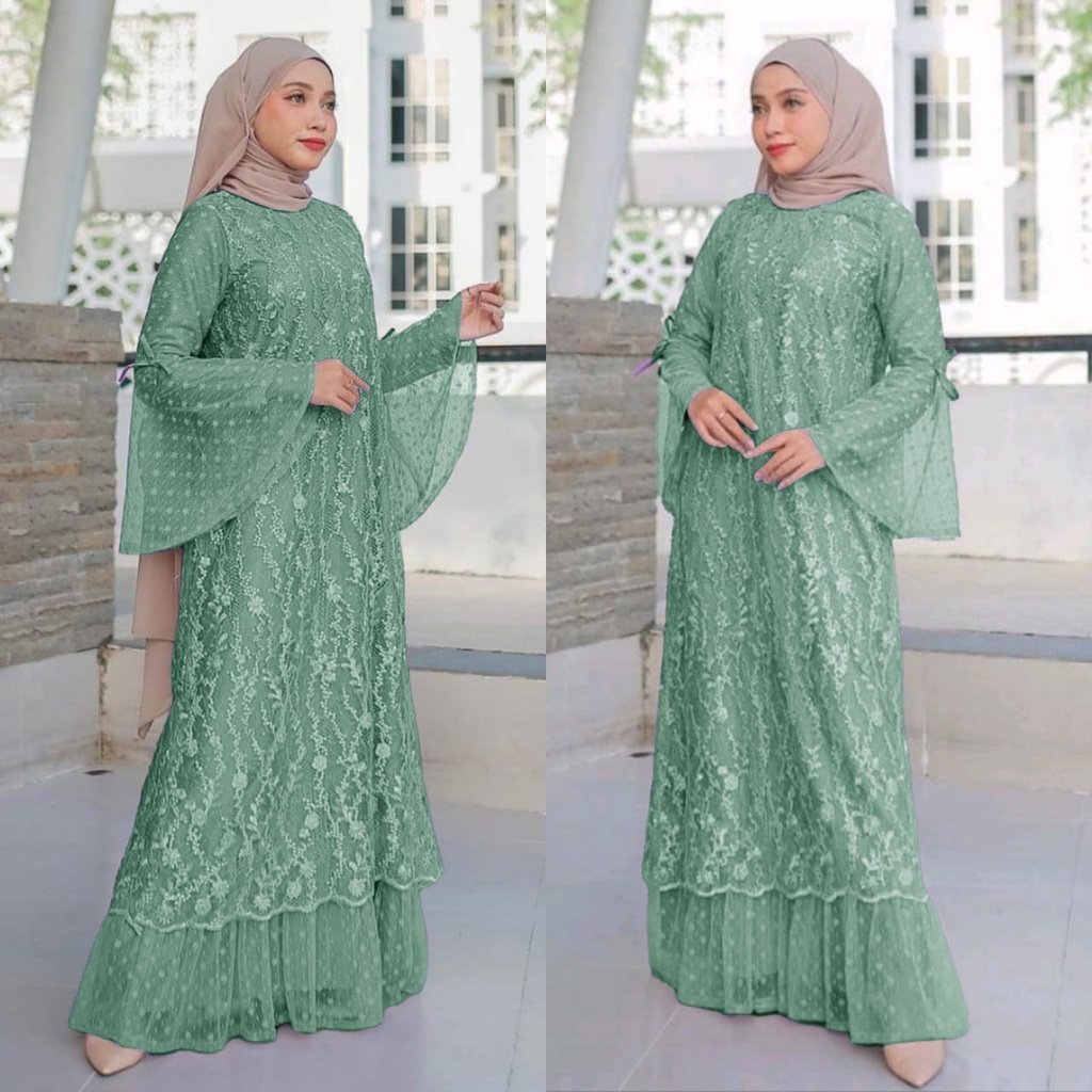 Jual Zaina Dress Baju Gamis Brukat Tile Remaja Dewasa Seragam Pesta Wanita Muslim Sage Green