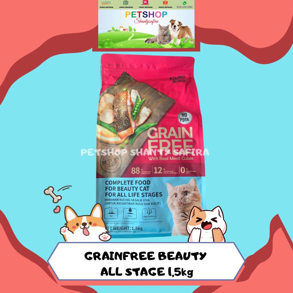 MAKANAN KUCING KITCHEN FLAVOR GRAIN FREE BEAUTY CAT FOOD ALL STAGE 1.5KG FRESHPACK