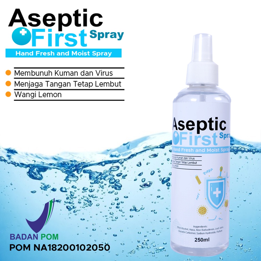 HAND SANITIZER CAIR 250ML ASEPTIC FIRST SPRAY ANTI VIRUS LEMBUT DIKULIT