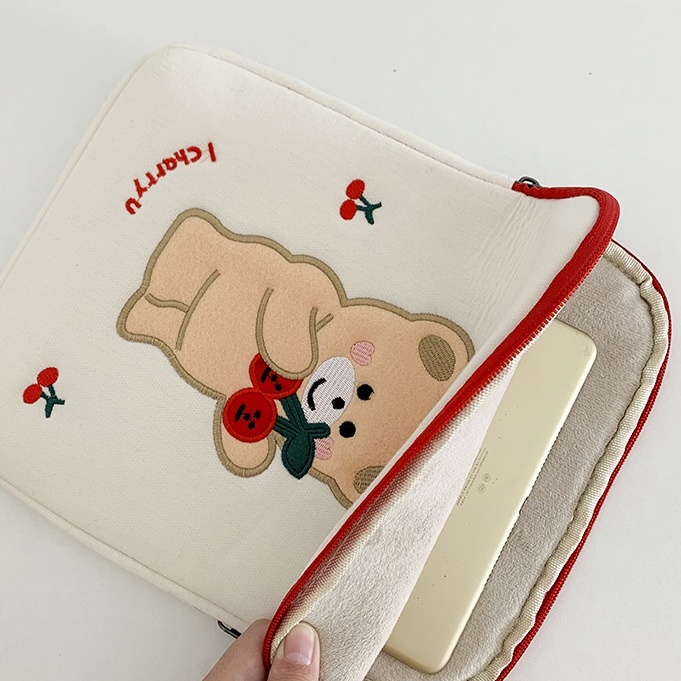 Sleeve Pouch Sarung Tas Bag Case Ipad Tab Tablet Macbook Air Pro Laptop Asus Acer Lenovo HP Huawei 11 12 13 14 15 inch Motif Gambar Cherry Bear Beruang Cery Warna Putih Merah Lucu Cute Murah Korean Model