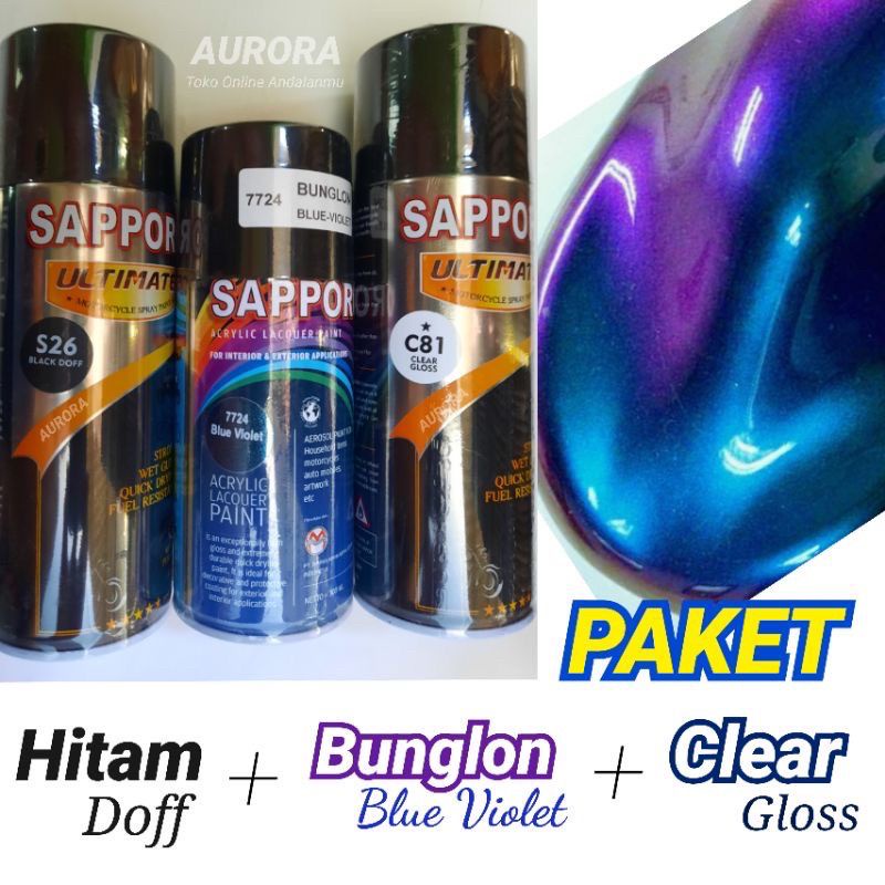 Paket Cat Pilok Sapporo S26 Black Doff Hitam Dop + 7724 Bunglon Blue Violet + C81 Clear Gloss Clir A