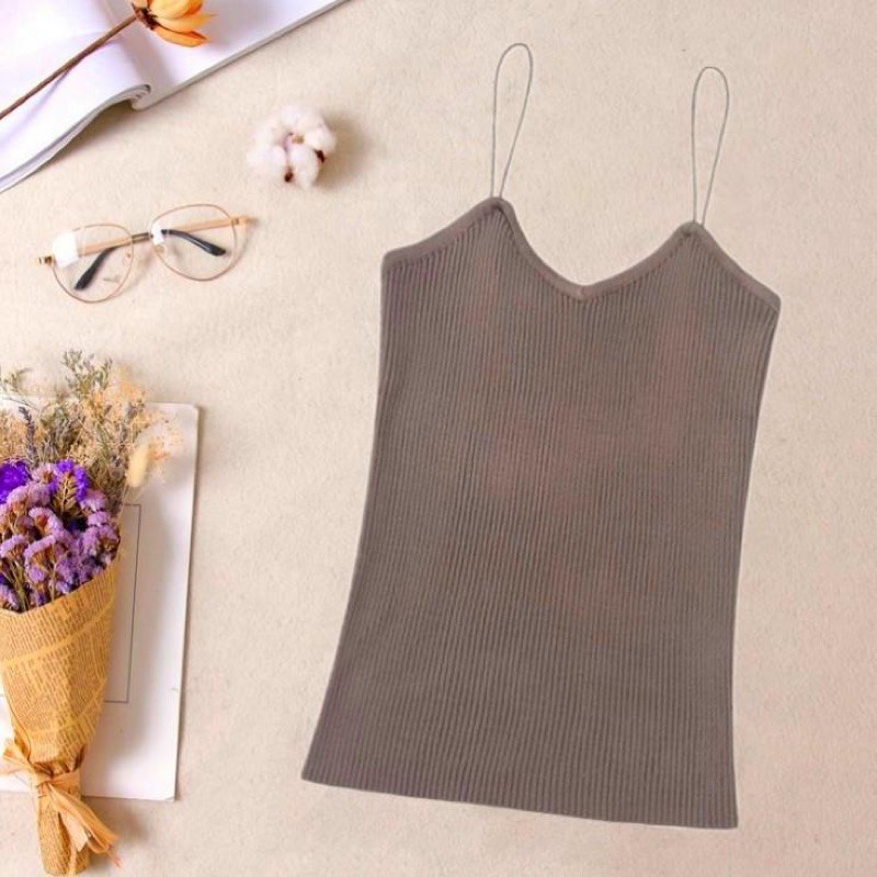 T968 • Korea Knit Tank Top • Kamisol Rajut • Tanktop Polos Tali Spaghetti • Fashion Wanita-DarkBrown
