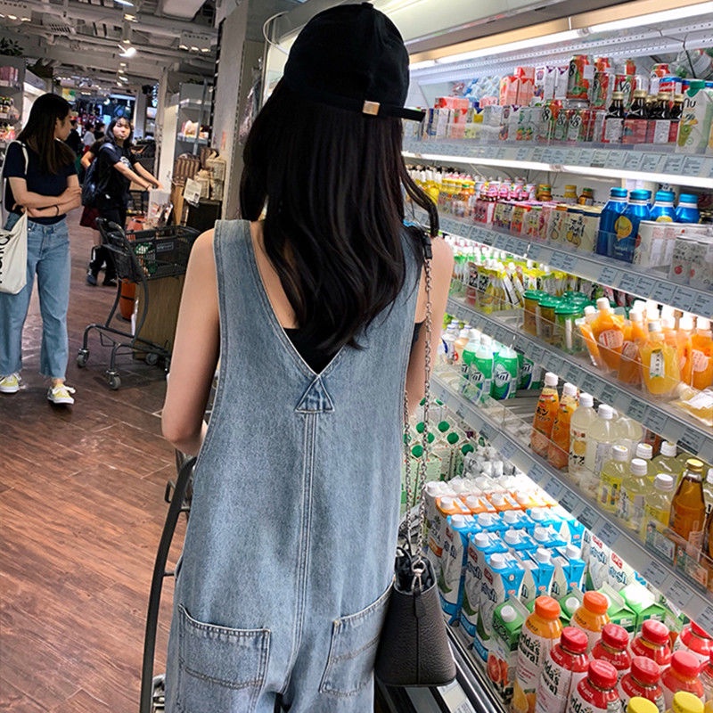 Retro denim overall perempuan musim semi 2022 baru versi Korea dari siswa longgar tinggi pinggang le