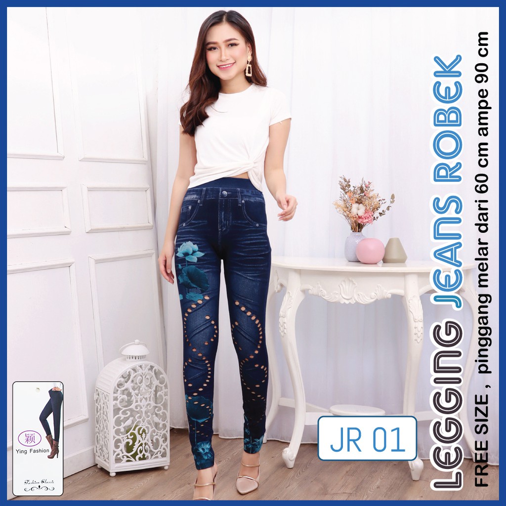 Legging Ripped Jeans 01 / Legging Import Jumbo Wanita / Legging jeans robek kekinian / Legging wanita / legging panjang wanita