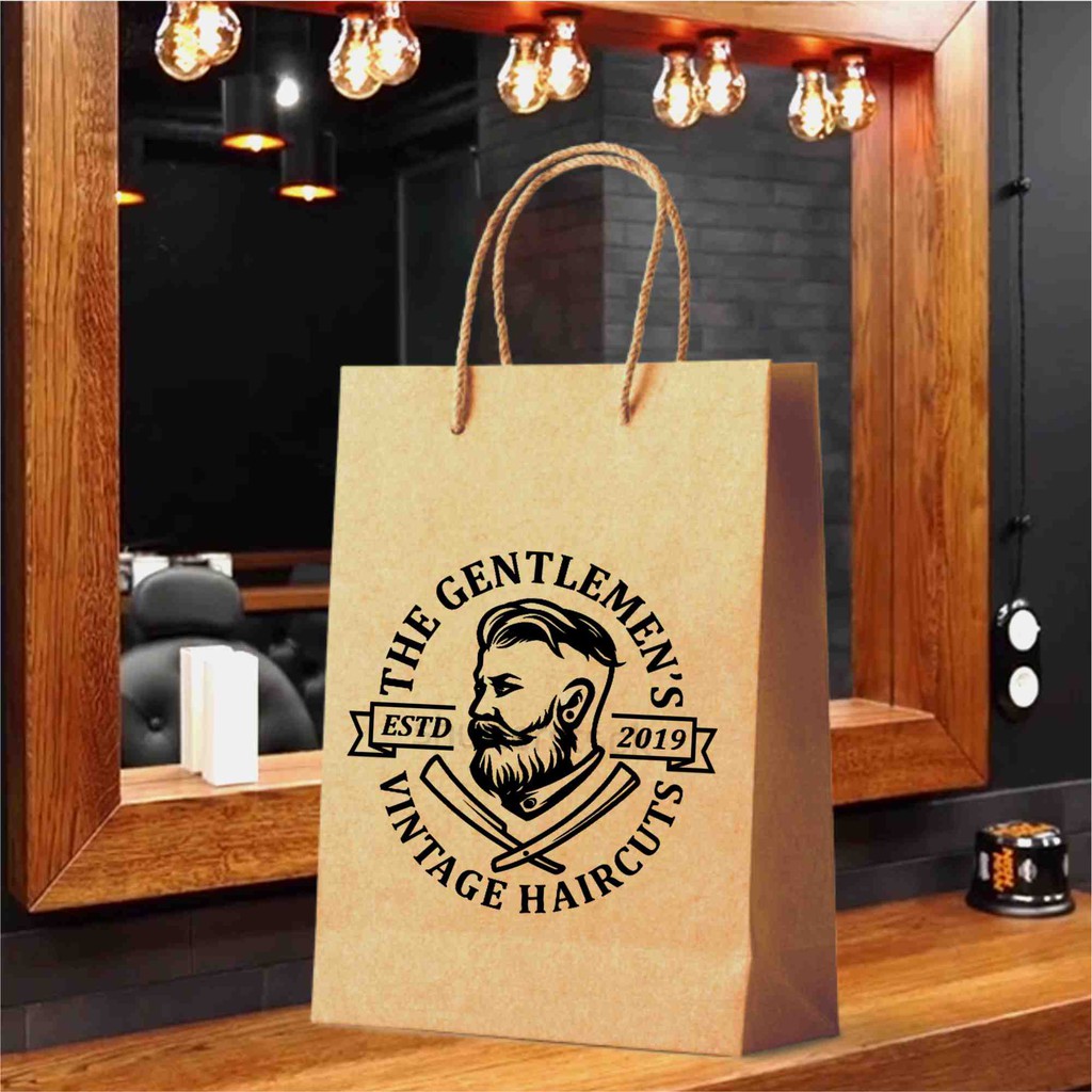 

Bungkus Custom Tas Kertas Paper Bag Design Cetak Suka-suka ukuran 11.75 x 5.5 x 16 cm Barbershop