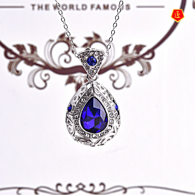 [Ready Stock]New Hollow Inlaid Sapphire Ear Stud Necklace Luxury Suit