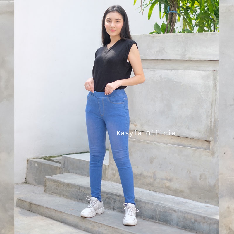 RHIANA JEGGING JEANS POLOS WANITA // CELANA JEANS PINGANG FULL KARET