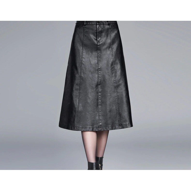 SALE ROK KULIT WANITA LEATHER WARNA HITAM MODEL A LINE PREMIUM