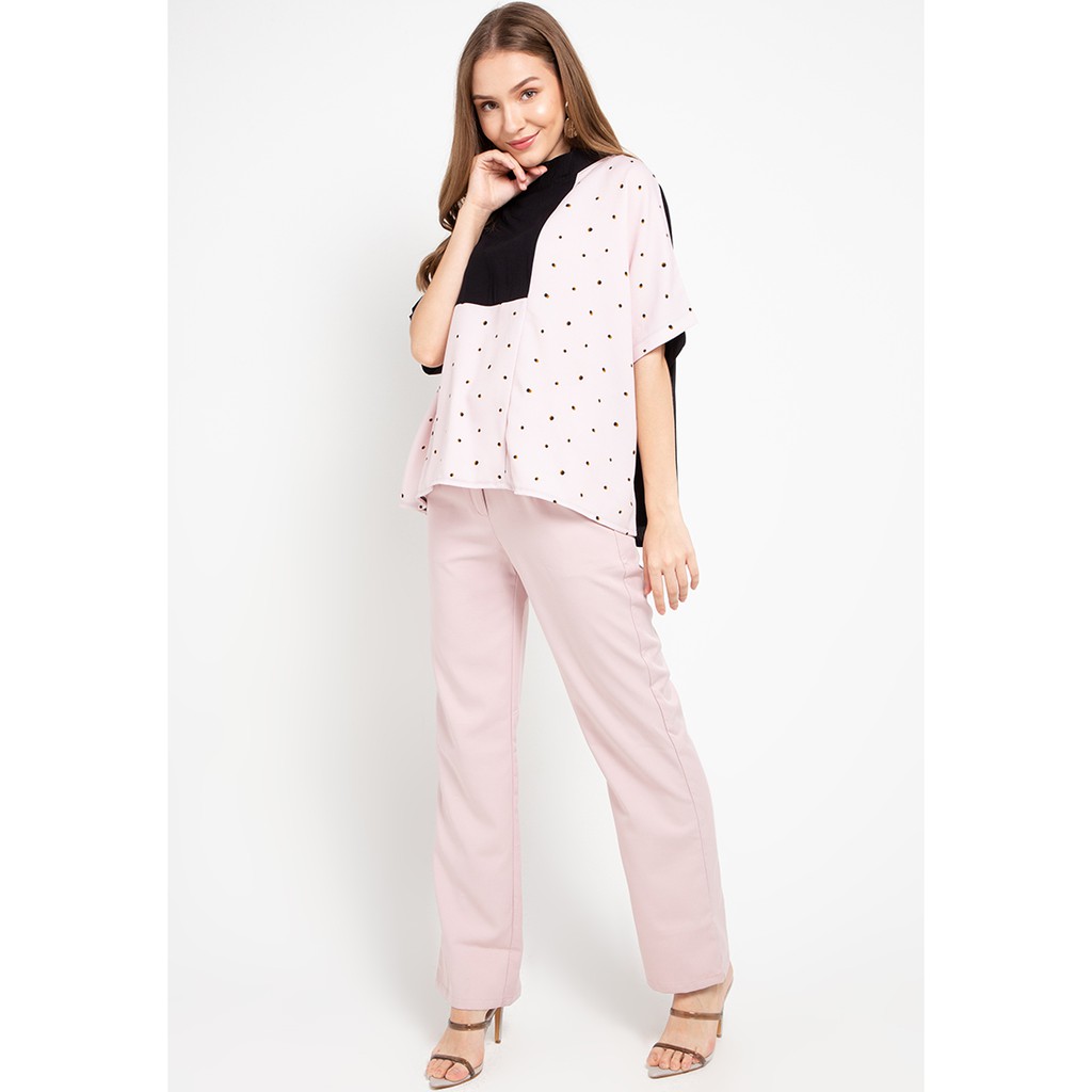 PHOTOGRAPH - Dusty Blouse S/s Mandarin Collar Dusty Pink Dot combo Black