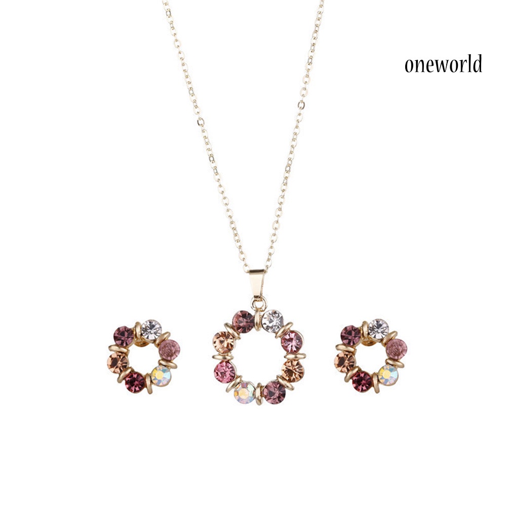 OW@ Women Rhinestone Round Pendant Chain Necklace Ear Stud Earrings Jewelry Set