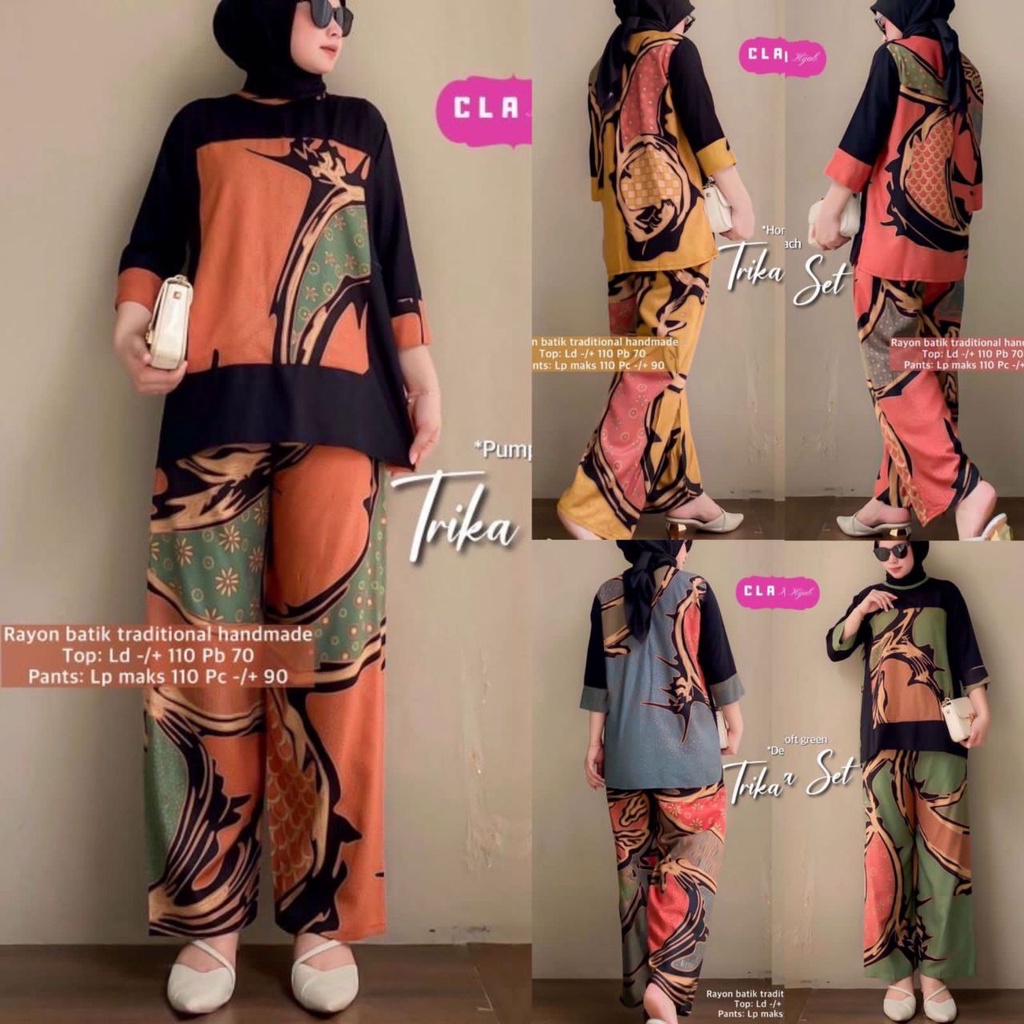 Setelan Trika Batik Warna Abstrak Set Celana Wanita Lengan Panjang Kombinasi Handmade Cantik Murah Original Hijab OOTD Rayon