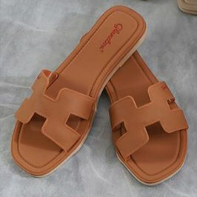 Sandal Glanzton 1838 Wanita Karet Jelly Import Sendal L1838 Glanston Glaston Flat Cewek Perempuan Selop Slop Murah Kekinian Kokop Slip1838-QPS L1838JPS L1838VPS L1838YPS Sun-FIRLY Impor Alice Import Cantik Casual Kasual Polos Model H Original 37-41-Tan