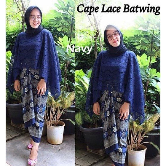 SETELAN KEBAYA WANITA MODEL CAPE LACE / CAPE GLITER / BATWING BROKAT SET ROK LILIT NAVY DAN PILIHAN WARNA LAIN