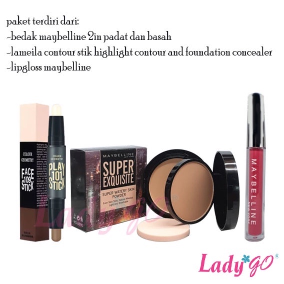 PAKET MAKE UP 3IN1,-bedak 2in1 padat dan basah-Lameila contour Stik Highlight Contour and Foundation Concealer - mayb lipgloss