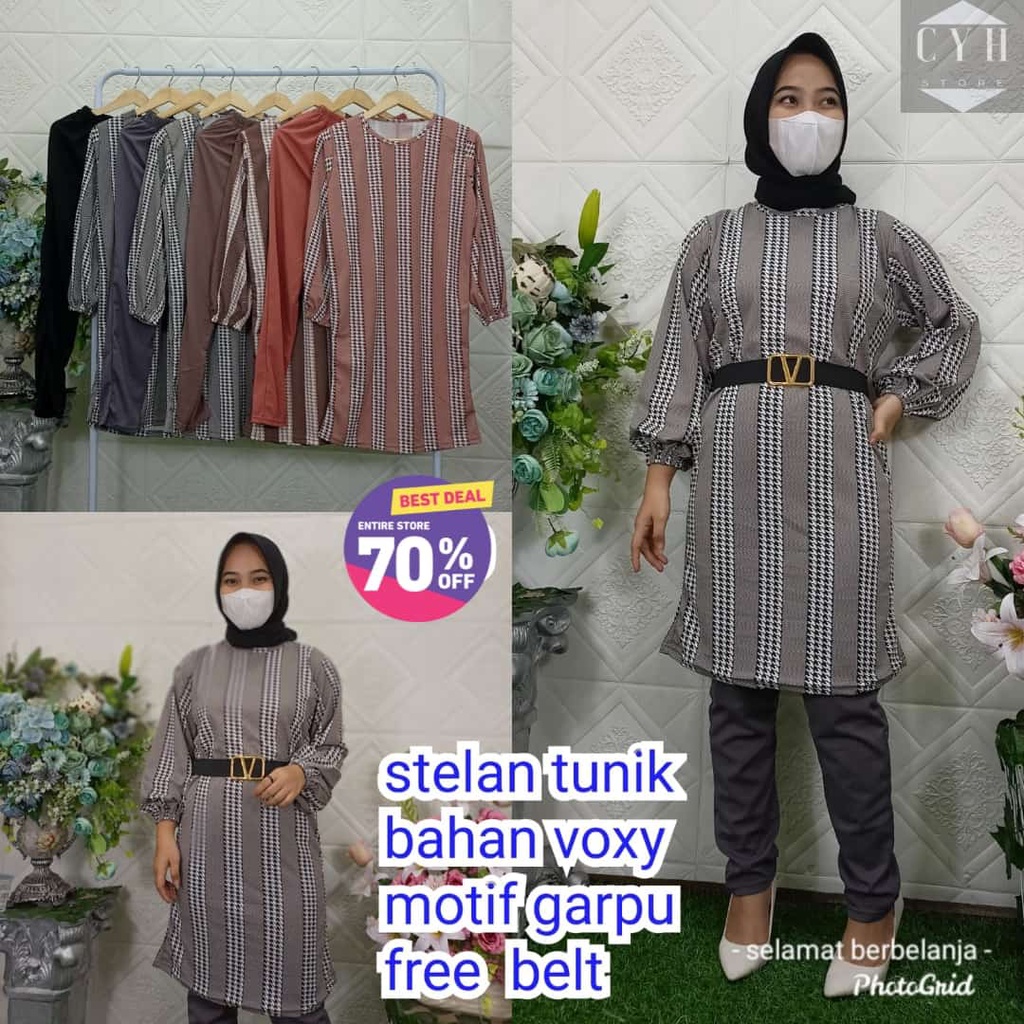 SETELAN TUNIK MOTIF GARPU FREE BELT BAHAN VOXY / FASHION PAKAIAN WANITA MUSLIM / 5780