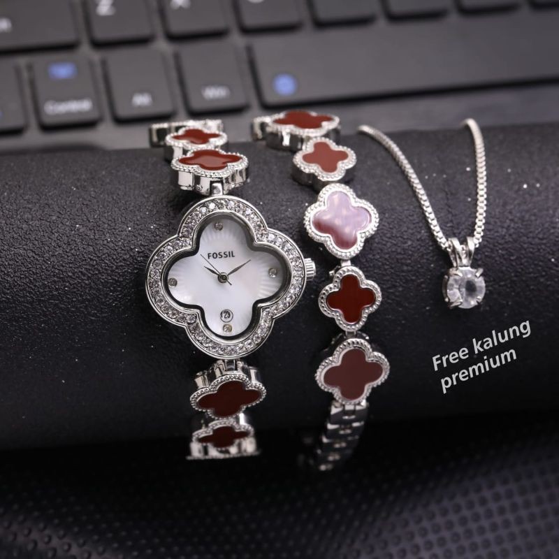 (TL)JAM TANGAN NEW FASHION WANITA TALI RANTAI GELANG STEINLESS STEEL BONUS KALUNG+LIONTIN PREMIUM