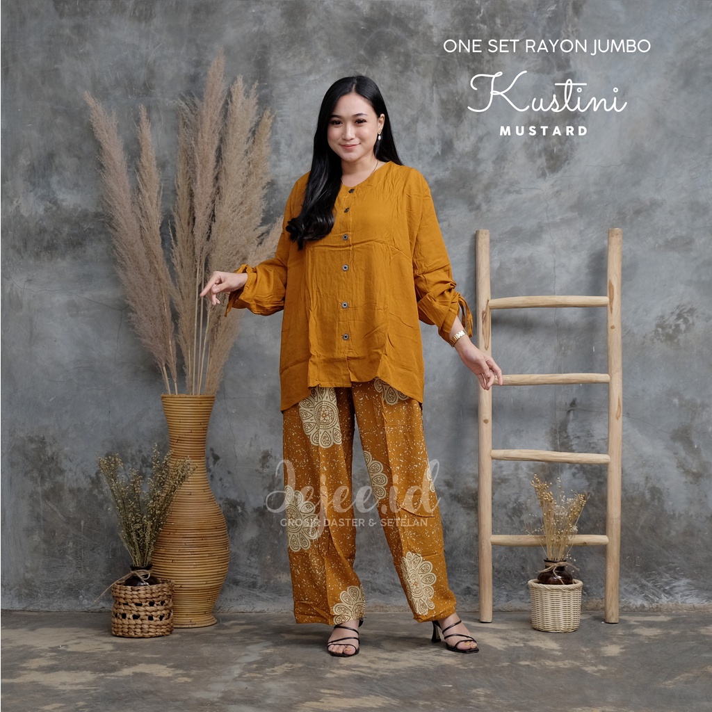 SETELAN RAYON JUMBO LD 120 CM BIG SIZE SUNDARI SET PIYAMA TIE DYE LENGAN PANJANG KANCING-KUSTINI-MUSTARD