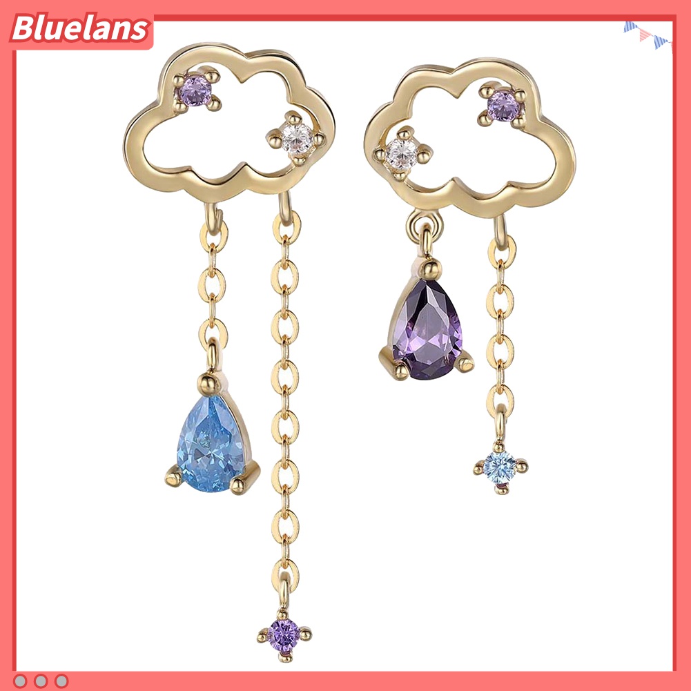 Anting Stud Rumbai Asimetris Bentuk Awan Tetesan Air Aksen Berlian Imitasi Untuk Wanita