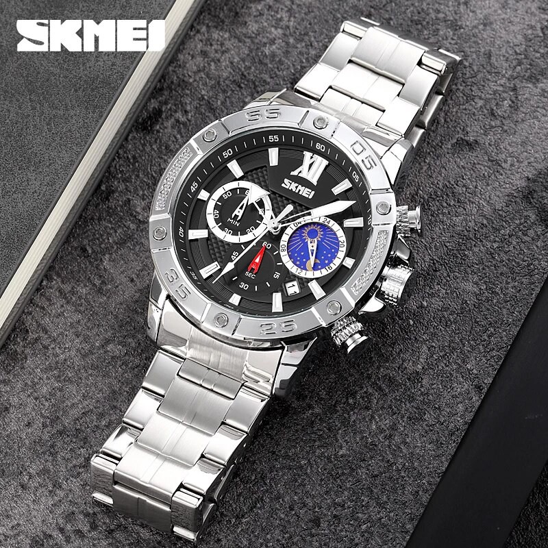 SKMEI 9235 Jam Tangan Pria Analog Chronograph Casual Quartz Tali Stainless WATCHKITE WKOS