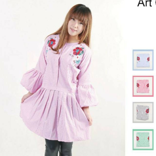 Dress tunik Katun wanita casual / formal bordir dada tangan balon Ld 112 Ken-330