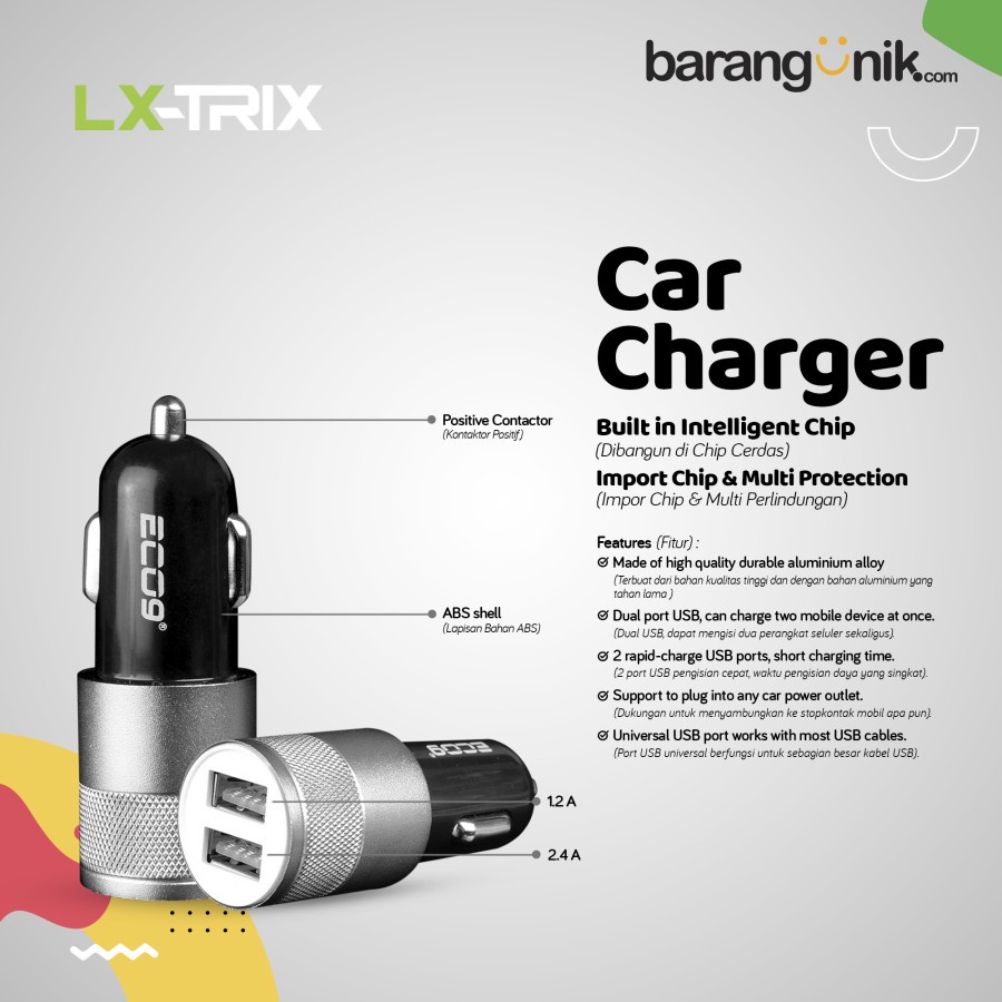 CAR CHARGER ECO9 DUAL USB PORT / CHARGER MOBIL / SAVER MOBIL