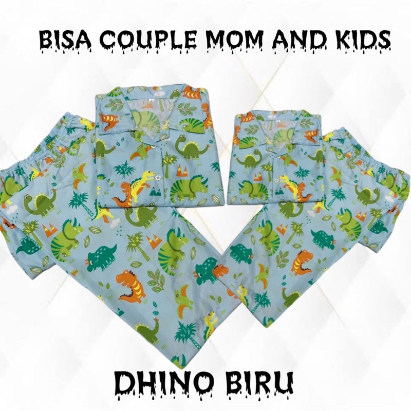 DHINO BIRU - stelan bajutidur piyama bisa couple family mom and kids motif hewan