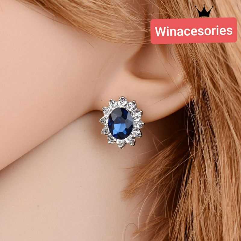 Anting tusuk wanita, diamond safir blue
