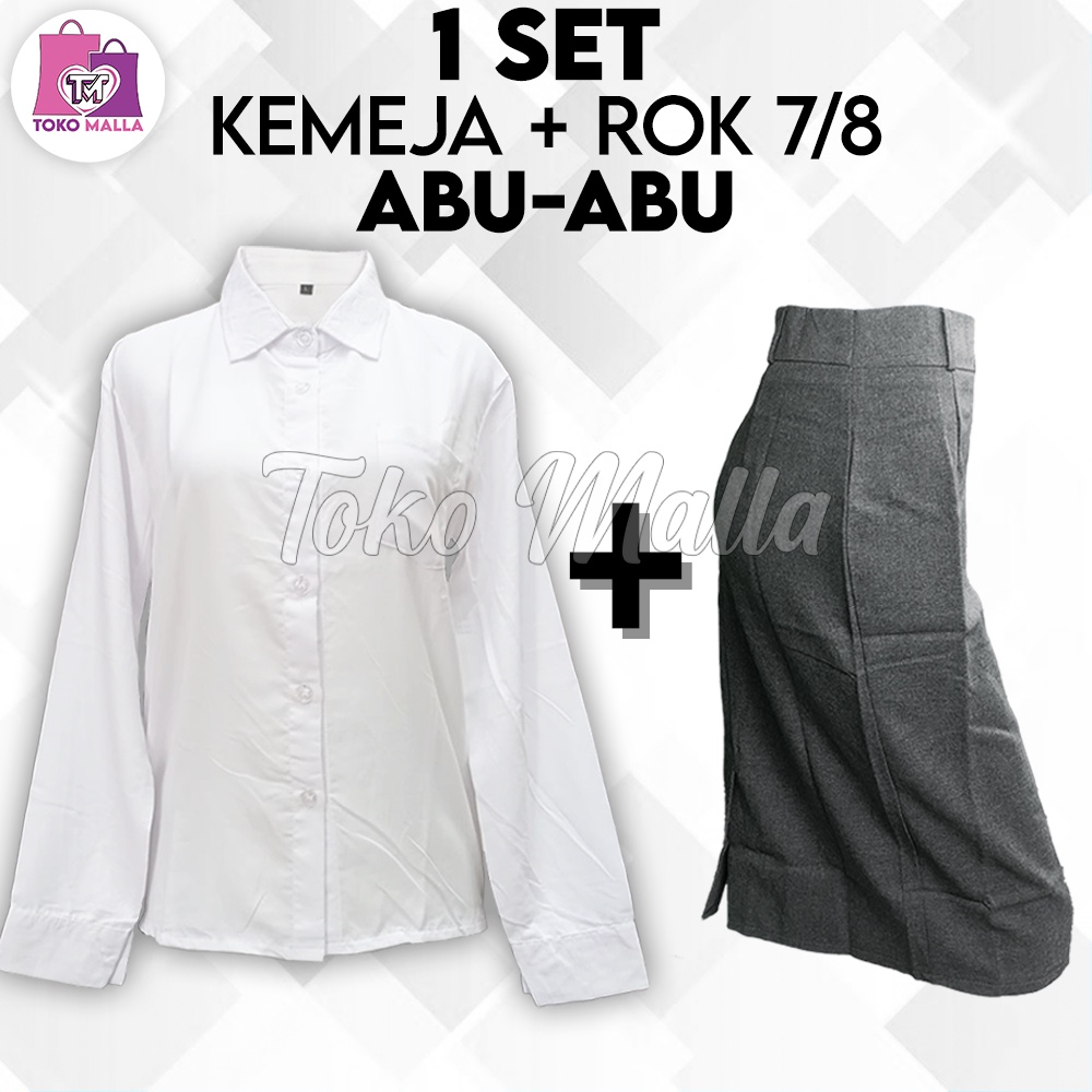 Setelan Kemeja  Putih Set Wanita, 1 SET KEMEJA & ROK HITAM dan ABU PENDEK SPAN 7/8, KEMEJA POLOS,  J