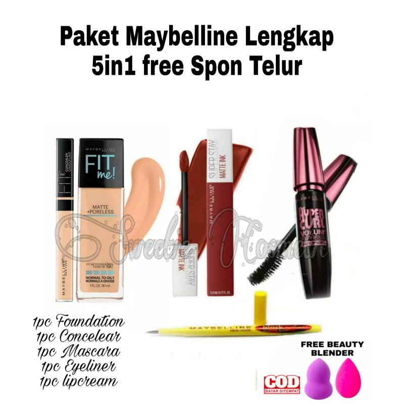 Paket Kosmetik Maybelline Lengkap Murah 5 In 1 - Paket Makeup Maybelline Lengkap Murah / PAKET LENGKAP MYBELINE 4 IN 1 [ bdkhitam, lipcream, mascara, eyeliner, piva ]