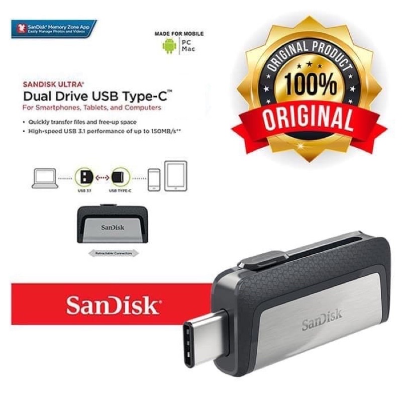 OTG SanDisk Ultra Dual Drive OTG USB Type-C USB 3.1 Up To 150MBps - SDDDC2 TYPE C ANDROID SMARTPHONE 16GB 32GB 64GB 128GB 256GB 512GB