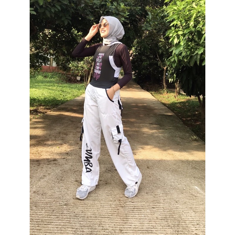 Celana Senam Olahraga Zumba Putih Lis Hitam Cargo / Celana Training Fitness Cycling Running Gym-3