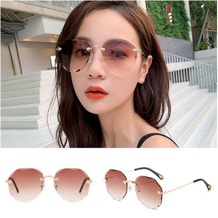 Kacamata Fashion Wanita Gaya Korea Frameless Kacamata Hitam Bulat Sunglasses Women Anti Silau UV Original