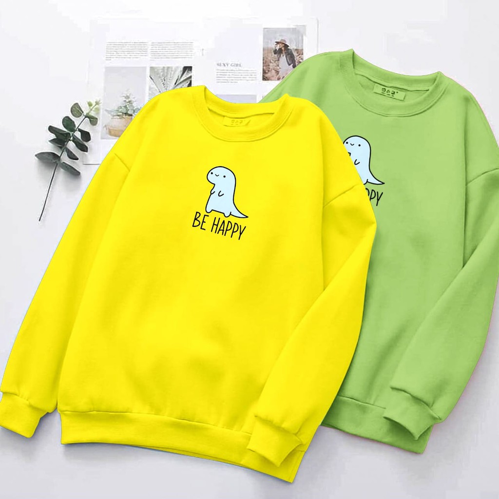 SWEATER WANITA DINO BE HAPPY FLEECE TEBAL TERBARU,