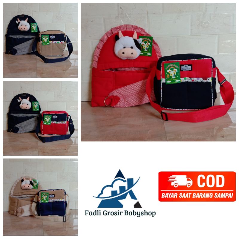 Paket Hemat ( 2 in 1 ) Tas Bayi Strip Dan Gendongan Bayi Samping Topi Boneka Sapi