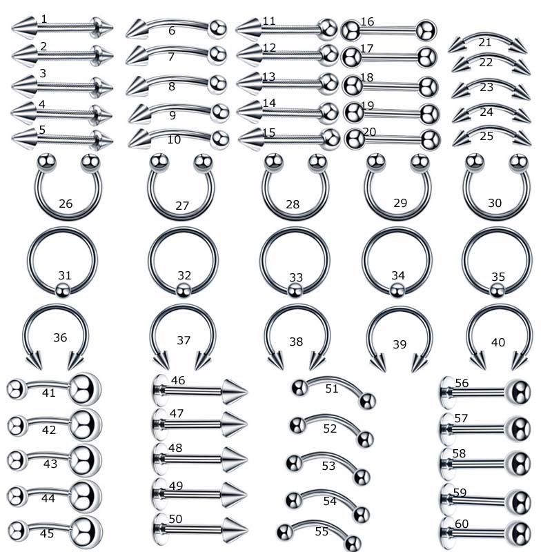 60pcs / Set Anting Tindik Hidung / Bibir Bahan Stainless Steel