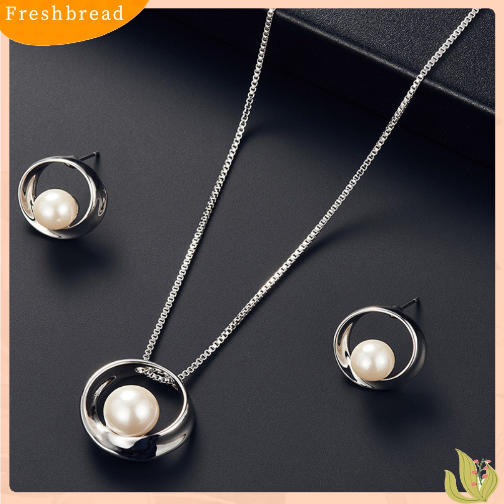 Terlaris Women Faux Pearl Round Pendant Necklace Stud Earrings Wedding Party Jewelry Set