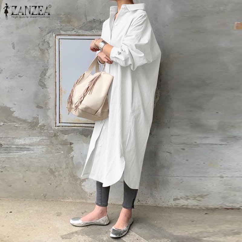 ZANZEA Women Plus Size Loose Lapel Long Sleeve Button Down Linen Dress Side Slit Long Dress