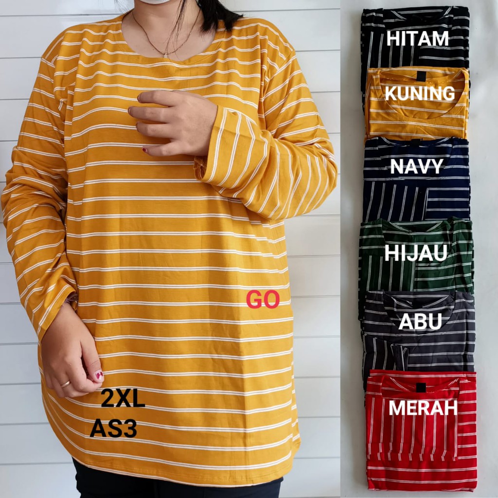 gof AS LMN BIG SIZE Pakaian Wanita Atasan Kaos Motif Salur Garis Katun Casual Santai Lengan Panjang