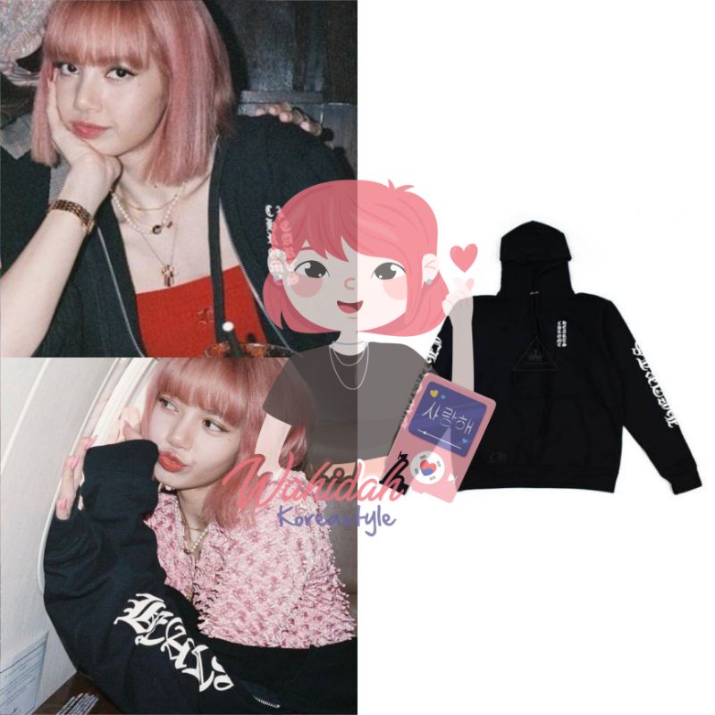 Hoodie Zipper Lisa Blackpink "Chrome Hearts Letters Sleeve Fleece" Baju Idol KPop Fashion