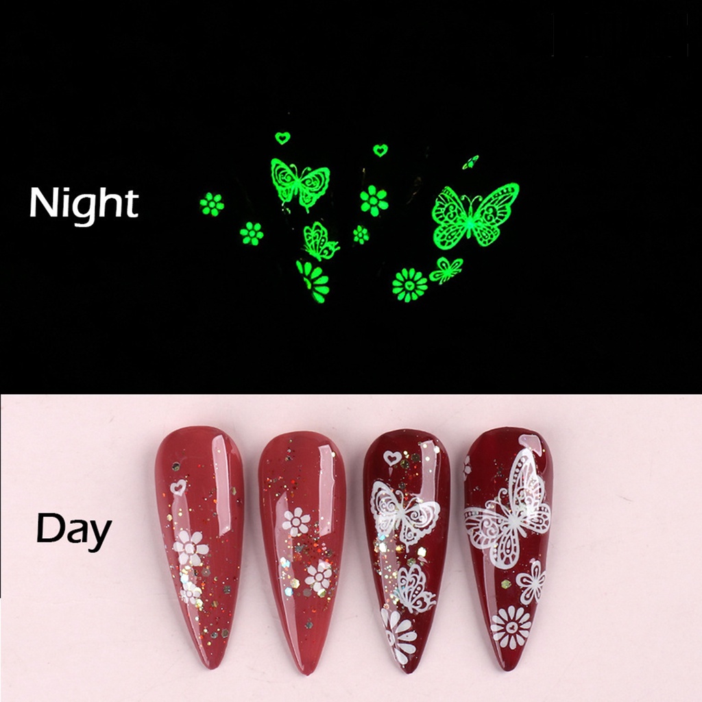 Providence 9pcs / Set Stiker Kuku Motif Kupu-Kupu / Bunga 3d Glow In The Dark Untuk Nail Art Butterfly