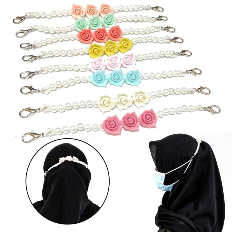 Konektor Masker Hijab Pastel Rose Flower Pearl Connector Mask Strap Extender Bunga Mutiara Korea