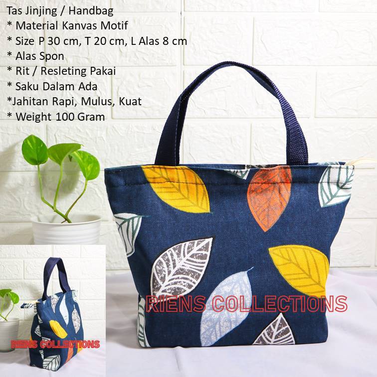 RIENS COLLECTIONS. HANDBAG KECIL BAHAN KANVAS MOTIF DAUN NANGKA BIRU