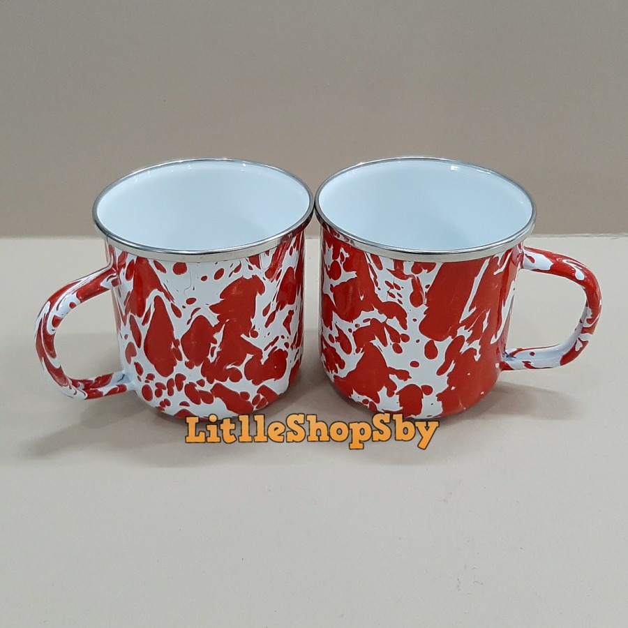 Gelas Cangkir Mug Enamel 9cm Merah Blirik Marble Loreng