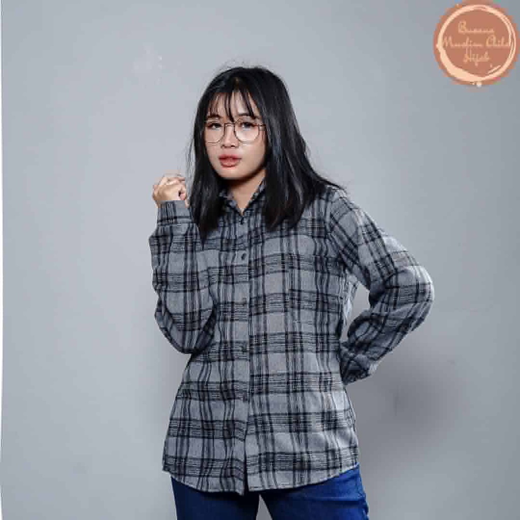 kemeja tunik oversize premium kotak-kotak tartan wanita terbaru bahan flanel import